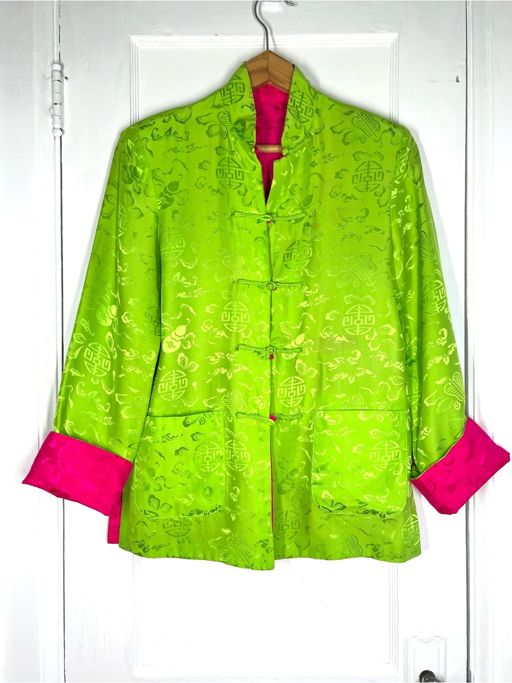 Vintage Pure Silk Lime Green and Pink Mandarin Jacket Reversible